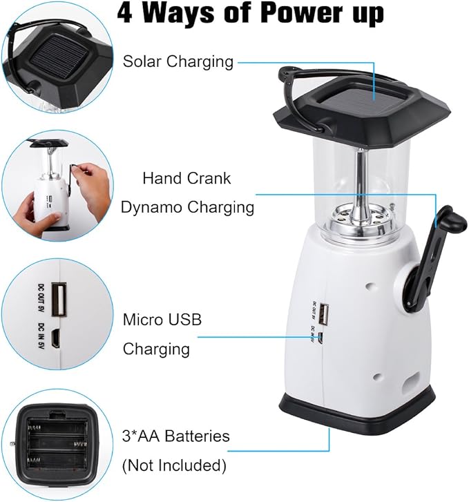 HOSHINE Solar Dynamo Multi-Functional 4-Way Powered Emergency Hand Crank FM Radio LED Camping Lantern Flashlight Phones Charger (White)