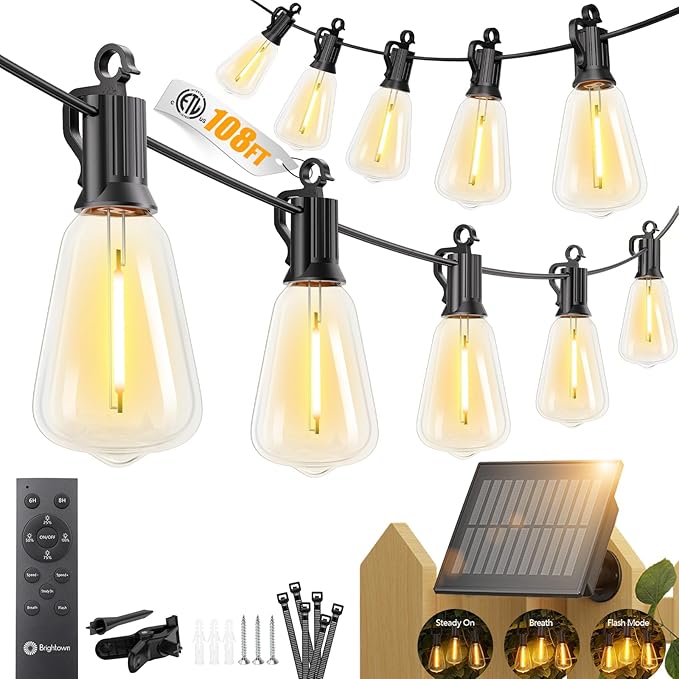 Brightown 108FT 50 LED Solar String Lights Outdoor Waterproof, Patio Lights with Remote, Dimmable & Timable, 3 Light Modes, Solar Lights Outdoor for Yard Camping Party Outside