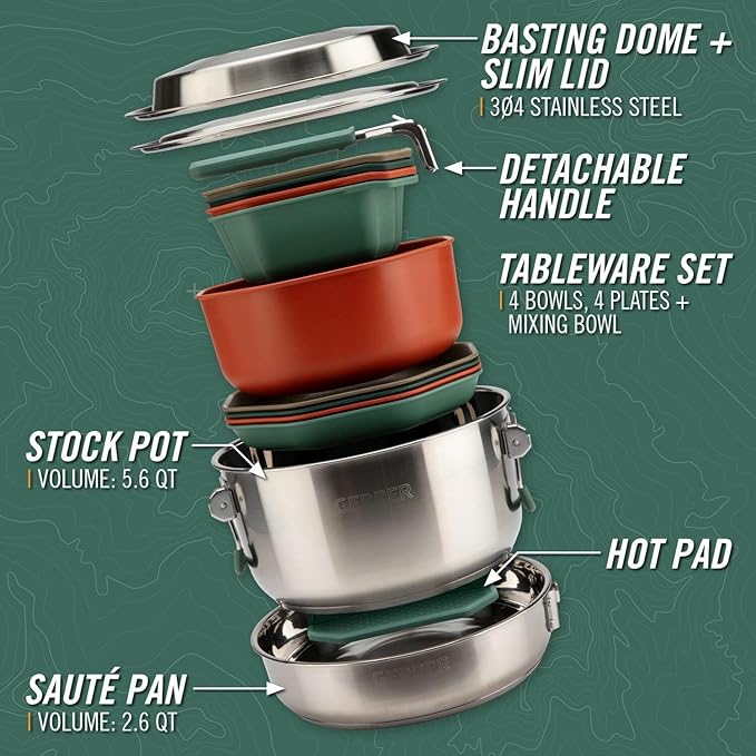Gerber Gear ComplEAT Cook Set - Dishwasher-Safe Camping Cookware for Outdoor Cooking - Includes Saute Pan, Stock Pot, 4 Plates, 4 Bowls, Mixing Bowl & More