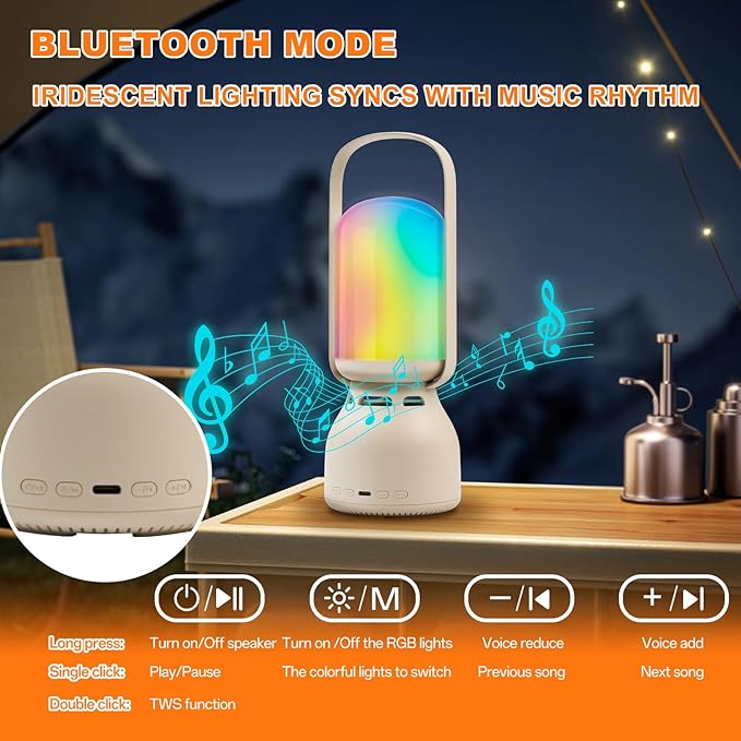 Camping Lantern with Speaker, Portable Rechargeable Outdoor Lantern, 11 Mode RGB Color Dimmable LED Night Light for Camping, Home, Party and Hiking