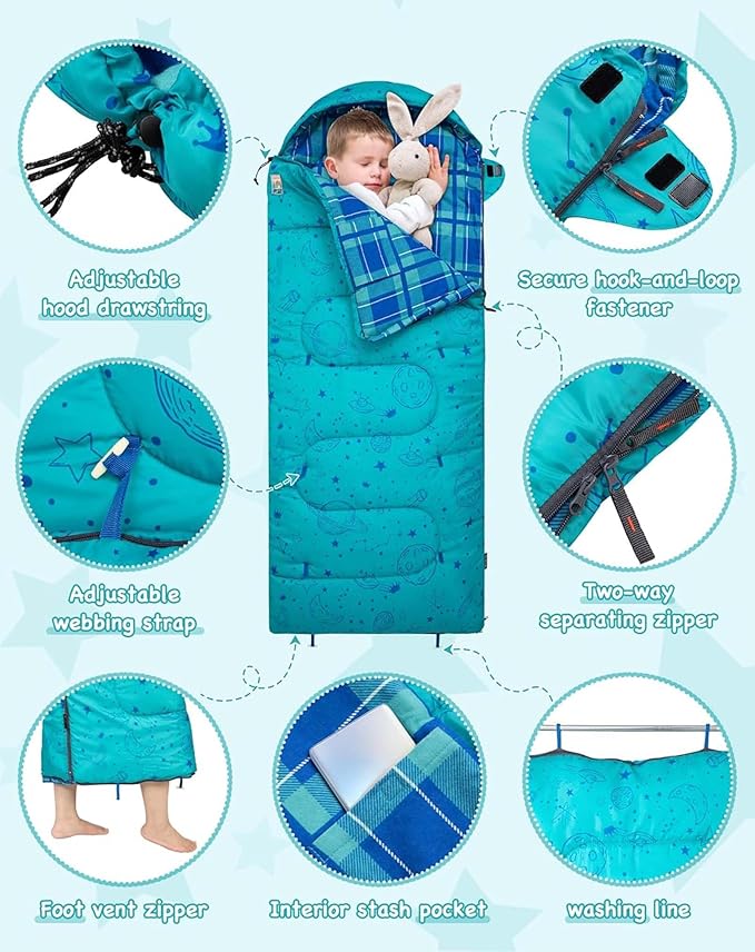KingCamp 45°F Kids Sleeping Bag, Lightweight Waterproof & Compact Flannel Sleeping Bags Cold Weather & Warm Youth Essentials Gear Accessories for Camping, Fits 10-12 Children up to 4'7"-5'5" Tall