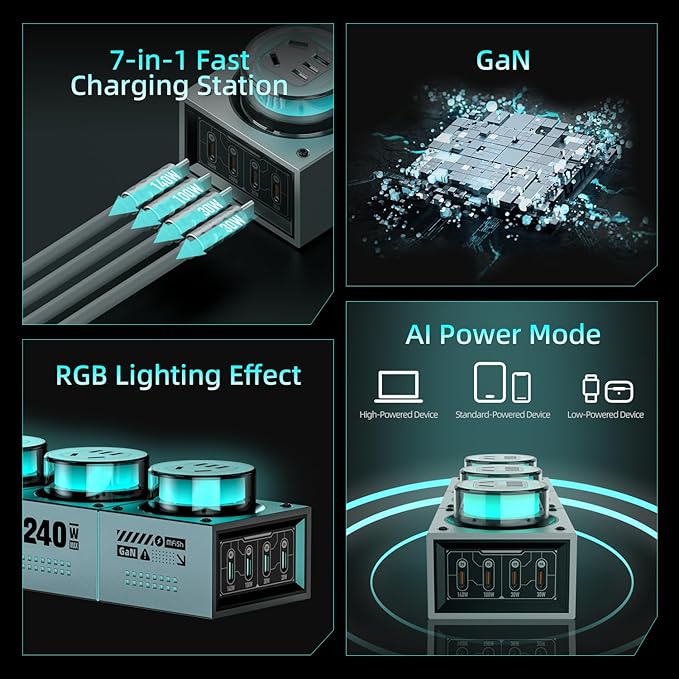 Mfish E-Tank 240W GaN Desktop Charging Station, 7-in-1 Charging Hub with 3 AC Outlets & 4 USB-C Ports (Up to 140W PD 3.1), RGB Desk Power Hub for Gaming Setup, Creator Workstation & Home Office