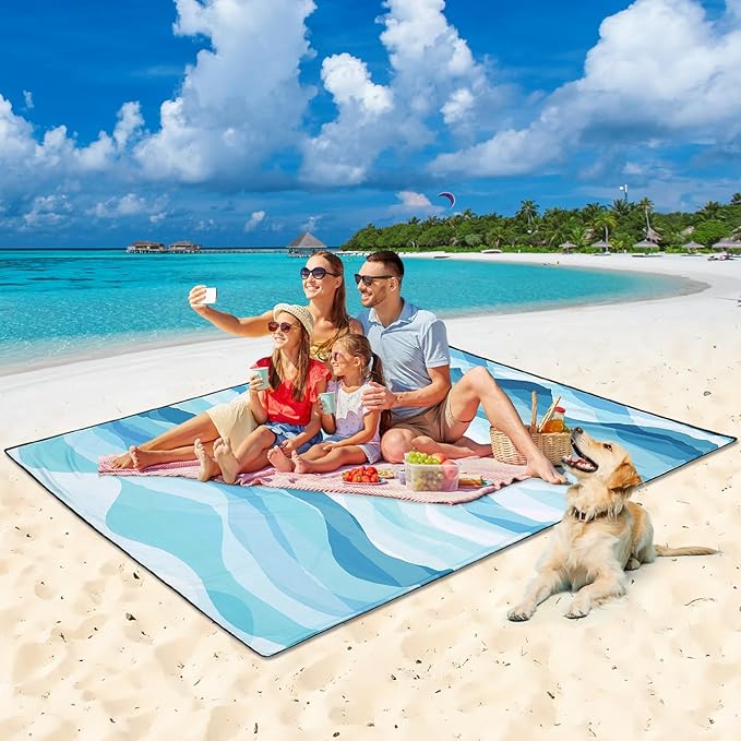 AISPARKY Beach Blanket Waterproof Sandproof Extra Large, Oversized Beach Mat, Quick Drying&Compact&Lightweight, Picnic Blankets Vacation Essentials for Outdoor Beach Camping (79" X 83" (4 Person))