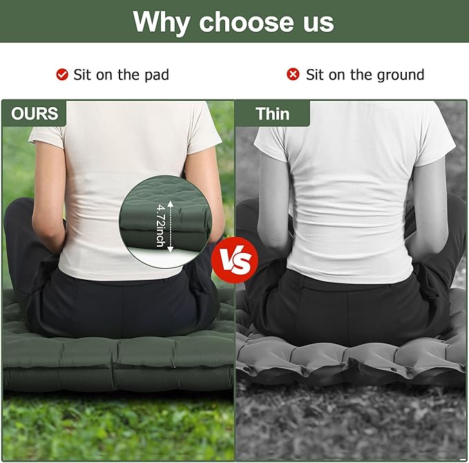 Toncoke Sleeping Pad, 4.7" Extra-Thick & Ultralight Inflatable Camping Mat with Pillow, Built-in Foot Pump, Compact for Backpacking, Camping, Hiking, Travel —Military Green