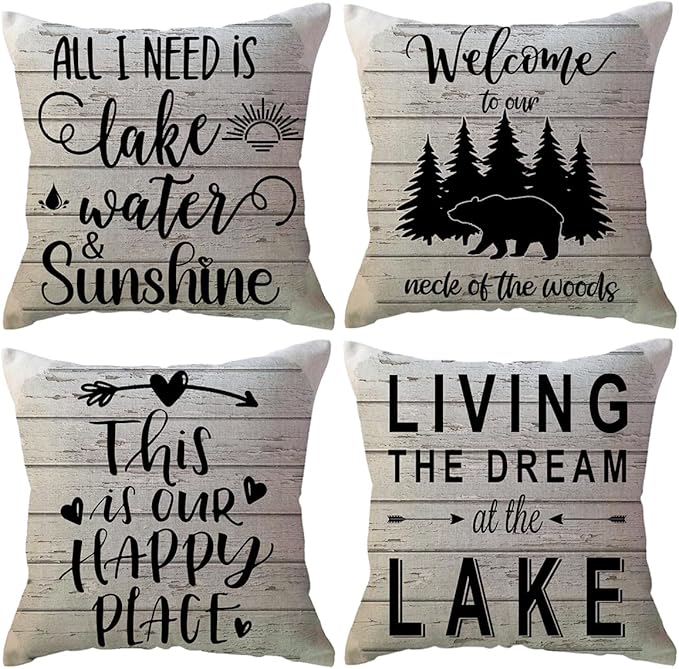 Lake Camper Throw Pillow Covers 18 x 18 Inch This is Our Happy Place Quote Cushion Covers Bear Woods Sunshine Camping/Cabin Farmhouse Rustic Decorative Pillowcases 4Pack for Sofa Couch Porch