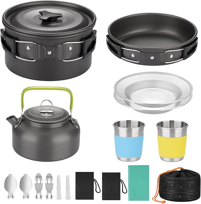 17pcs Camping Cookware Kit, Aluminum Non-Stick Pot, Pan and Kettle Set with 2 Set Stainless Steel Cups Plates Forks Knives Spoons for Backpacking and Hiking Camping