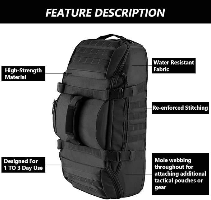Hannibal Tactical 65L Large Duffle Bag, 3-in-1 Tactical Backpack MOLLE Pack for Workout, Sports, Gym, Outdoor, Black Red Patch