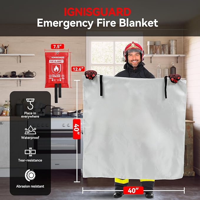 Fire Blankets 4 Pack, 40x40in with 1 Pair Fire Resistant Gloves & 4 Hooks, Fiberglass Fire Blankets Emergency for Home and Kitchen, Suppressant for Grease & Electrical Fires, RV, Camping