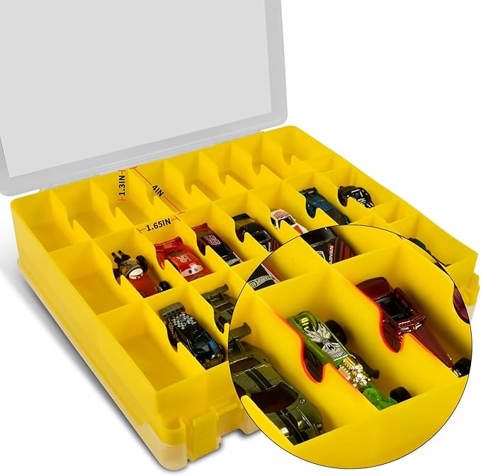 Toy Car Storage Organizer Case Compatible with Hot Wheels/for Matchbox Cars. Display Carrying Container Holder for LOL Surprise Dolls/for Shopkins with 48 Compartments Double Sided-Yellow (Box Only)