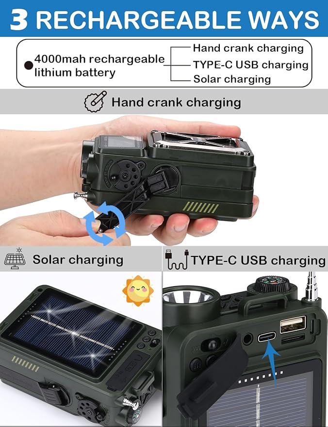 ZHIWHIS Shortwave Radio with Bluetooth, AM/FM/SW/NOAA Weather Emergency Radios, Hand Crank/Solar/4000mAh/SOS/White Noise/Bass/Flashlight/Retro Receiver with Preset, Support USB/TF ZWS-702X