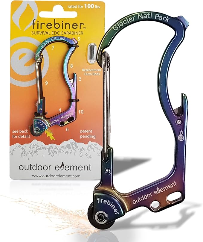 OUTDOOR ELEMENT Firebiner Custom Engraved 6-in-1 Fire Starter Carabiner Multitool – Survival Gear EDC Keychain with Utility Blade, Bottle Opener, Screwdriver, Emergency Tool