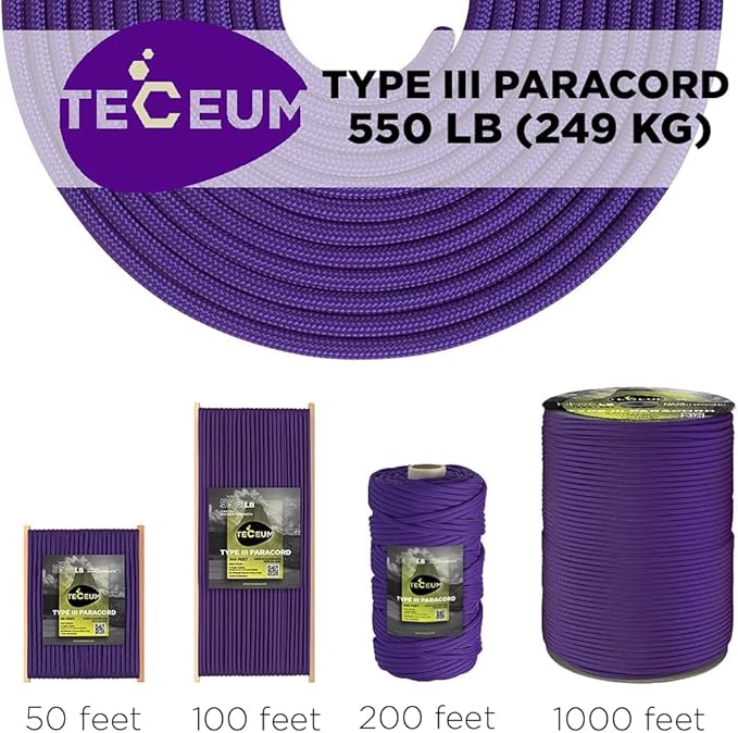 TECEUM Reflective Paracord Rope 1000 – 1000ft/200ft/100ft/50ft – 40+ Colors – Glow in The Dark – para Cord – Utility Rope for Survival, Hunting & Camping Gear – Nylon String, Camping Rope, Tent Cord