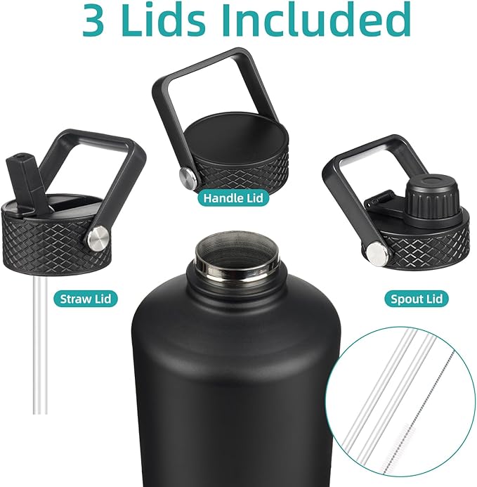Konokyo Gallon Insulated Water Bottle with Straw,128 oz 3 Lids Water Jug with Carrying Bag,Paracord Handle, Double Wall Vacuum Stainless Steel Metal Flask,Black