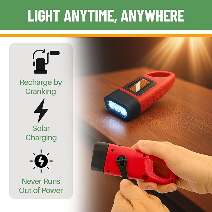 Evelots Hand Crank Solar Powered Flashlights ( 4 Pack ) Rechargeable Emergency Survival Flashlight for Camping , Car - Easy 3 LED Bright Light for Hiking , Outdoor Sports , Home Power Outage