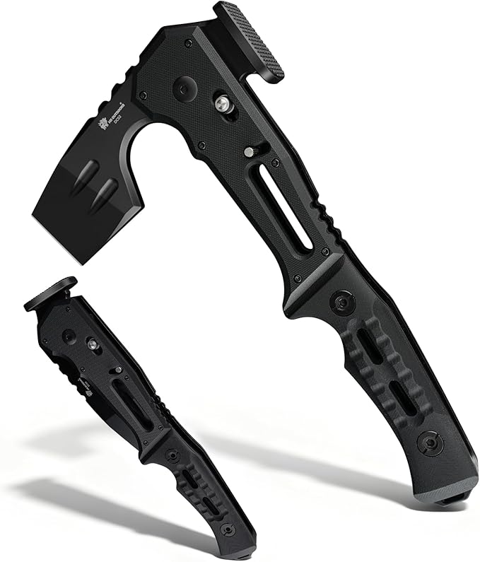 HX OUTDOORS Folding Hatchet Axe Survival Multitool, DC53 Steel Blade with Black Titanium, Camping Hatchet with Hammer, G10 Handle for Outdoor Gear,Various Tactical and Survival(Black)