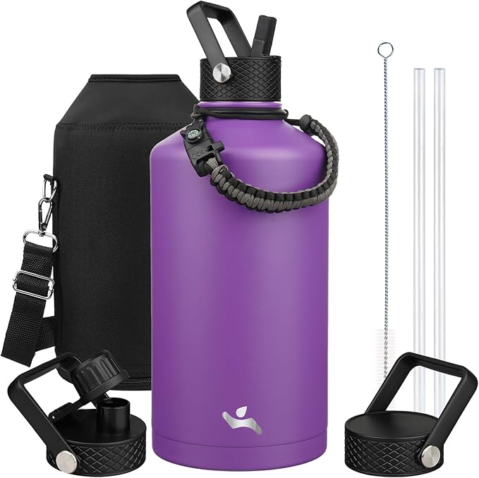 Konokyo Gallon Insulated Water Bottle with Straw,128 oz 3 Lids Water Jug with Carrying Bag,Paracord Handle, Double Wall Vacuum Stainless Steel Metal Flask,Purple