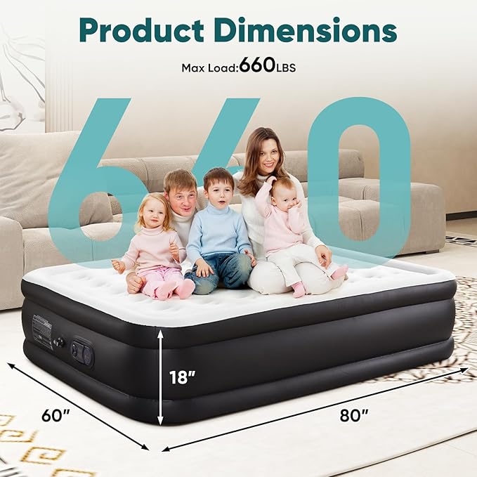 DUMOS Queen Air Mattress with Built-in High Capacity Pump- 18" Inflatable Blow Up Airbed, Double Height Air Bed for Home or Camping, Non-Slip Bottom Design, Weight Capacity 660 lbs