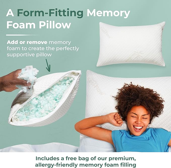 Snuggle-Pedic King Size Shredded Memory Foam Sleeping Pillow - Cooling Supportive Neck & Spine Alignment for Side Sleepers, Maternity Relief, Posture Correction & Dorm Use - USA Quality