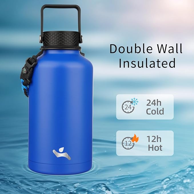 Konokyo Half Gallon Insulated Water Bottle with Straw,64 oz 3 Lids Water Jug with Carrying Bag,Paracord Handle,Double Wall Vacuum Stainless Steel Metal Flask,Blue