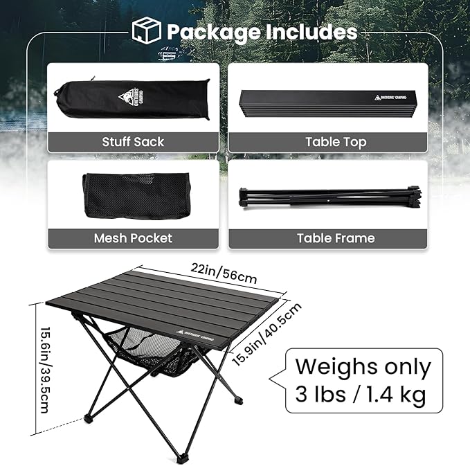 ONETIGRIS Portable Camping Table, Lightweight Beach Table with Storage Net & Carry Bag, Camping Side Table for Outdoor Cooking, Hiking, Fishing, Picnic, Travel