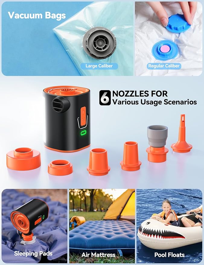 JOYROOM Air Pump for Inflatables, 3600 mAh Battery & Camping Light Portable Air Pump, 4.8kPa Ultra-Fast and Mini Electric Air Mattress Pump