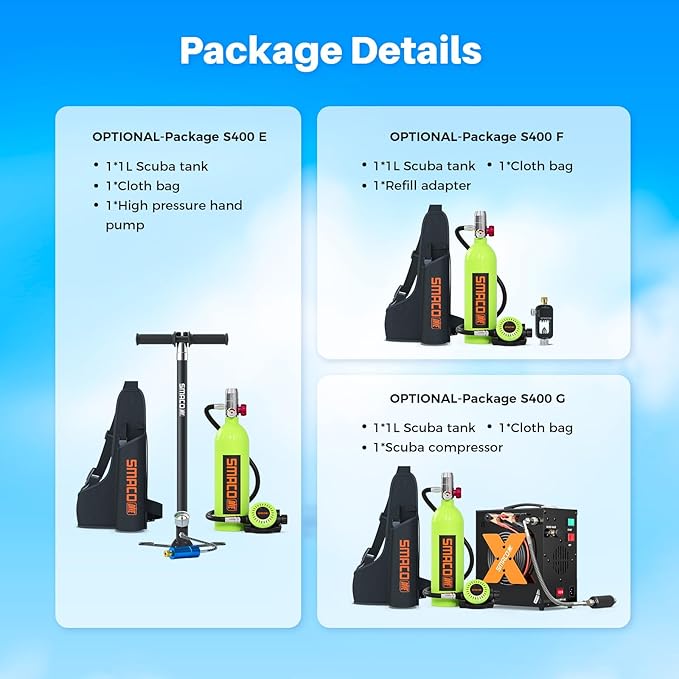 SMACO Mini Scuba Tank 1L Small Diving Tank for Underwater Breathing Portable Lung Air Tank Diving Oxygen Cylinder Kit for Emergency Rescue Boat Cleaning Backup Air Source Pony Bottle S400