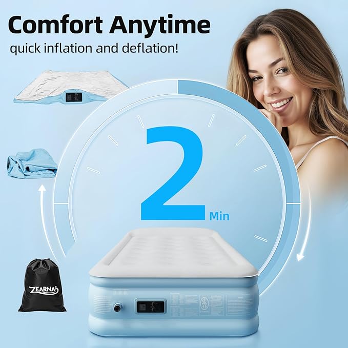 Zearna Twin Air Mattress with Built in Pump Raised, Blow Up Mattress 18 Raised Comfort, Upgraded Portable Air Bed with Pillow, Inflatable Mattress for Travel, Home and Guest, 550 lbs Max