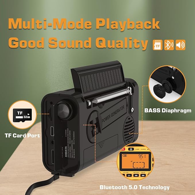 XHDATA D608WB Emergency Radio Hand Crank Weather Radio FM/AM/SW/NOAA Alert Portable Radio, Bluetooth MP3, USB/Solar/Hand Crank Charging, Flashlight, Reading Lamp and SOS Alarm