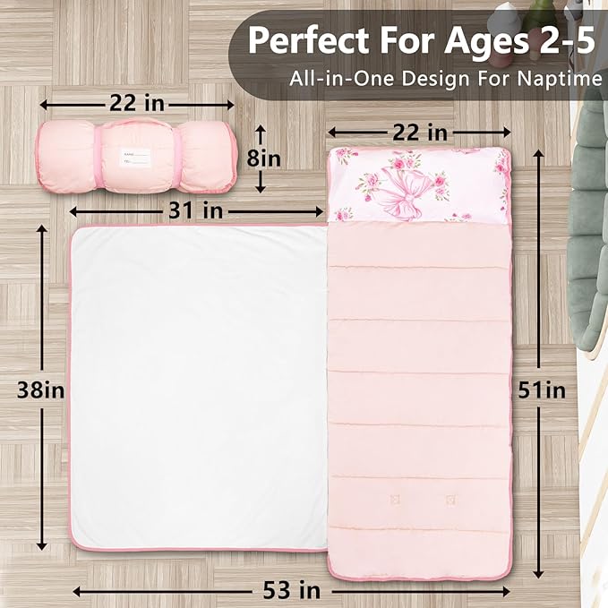 Primlect Lightweight Toddler Nap Mat, Portable Rolled Design Perfect for Daycare Travel, 51”x31 All-in-One Sleeping Bag with Removable Pillow and Fleece Blanket for Boys Girls, Machine Washable