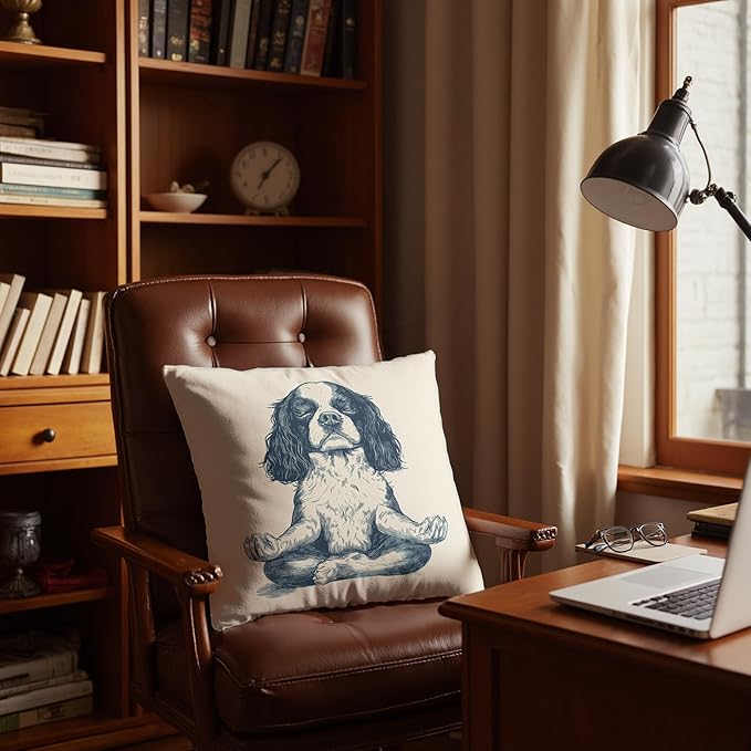 Vintage Yoga Cavalier King Charles Spaniel Pillow Cover 18x18, King Charles Cavalier Gifts, Dog Meditation Decorative Throw Pillow Cover for Meditation Zen Room Yoga Studio Home