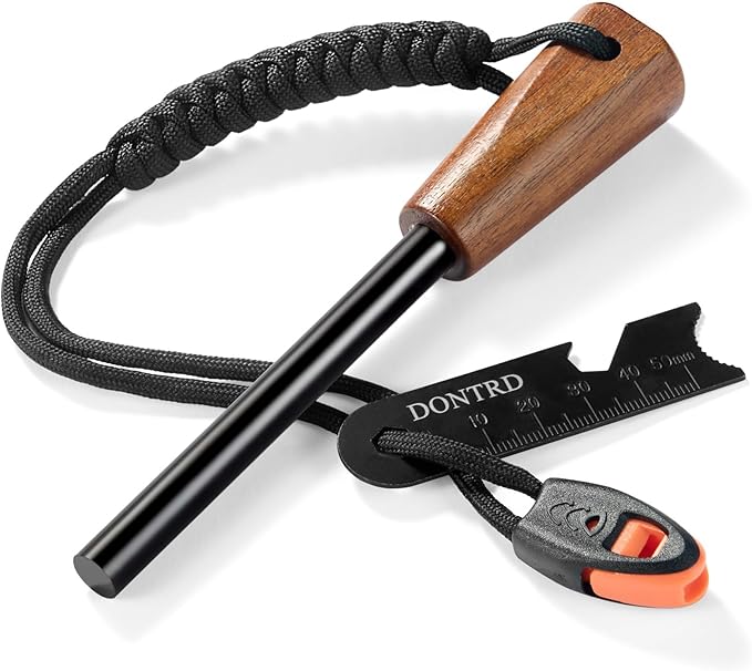 Fire Starter Survival Tool - Handmade Wooden Handle 3/8"" Thick Ferro Rod with Striker and Umbrella Rope Waterproof Iron Rod Flint and Steel Fire Starter Kit