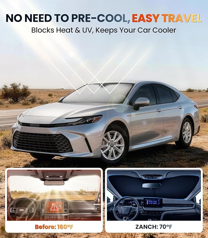 Zanch Custom Windshield Sun Shade for Toyota Camry 2018-2024, 7-Layer Heavy-Duty UV & Heat Block Protection, 3D Laser Scanned Instant Cooling, Foldable Car Accessories