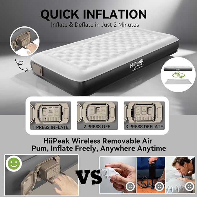 HiiPeak Twin Air Mattress Bed with Removable Multi-Function Air Pump, Self Inflatable TPU ECO Blow Up Bed, All Night Stability No Lost Air, No Peculiar Smell for Camping, Home, Guests Portable Travel