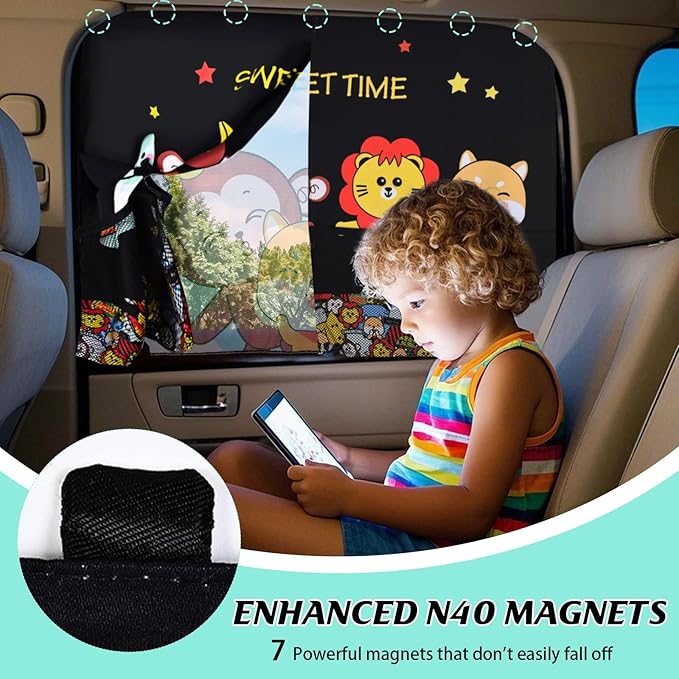 Car Window Shades for Baby, 2 Pack Magnetic Double Layer Car Sun Shade Baby with Storage Pockets, Adjustable Privacy Blackout/See-Through Cartoon Pattern Window Curtains for Kids UV Protection