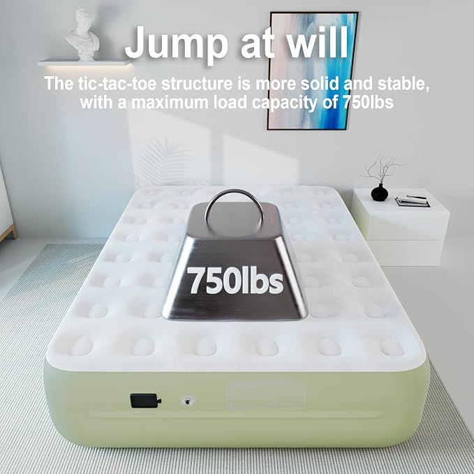 Queen Air Mattress with Battery Pump - USB-C Rechargeable Portable Inflatable Bed, 18 Inch Green Dutch Velvet Surface, 3 Min Fast Inflation for Camping & Home Guest Use