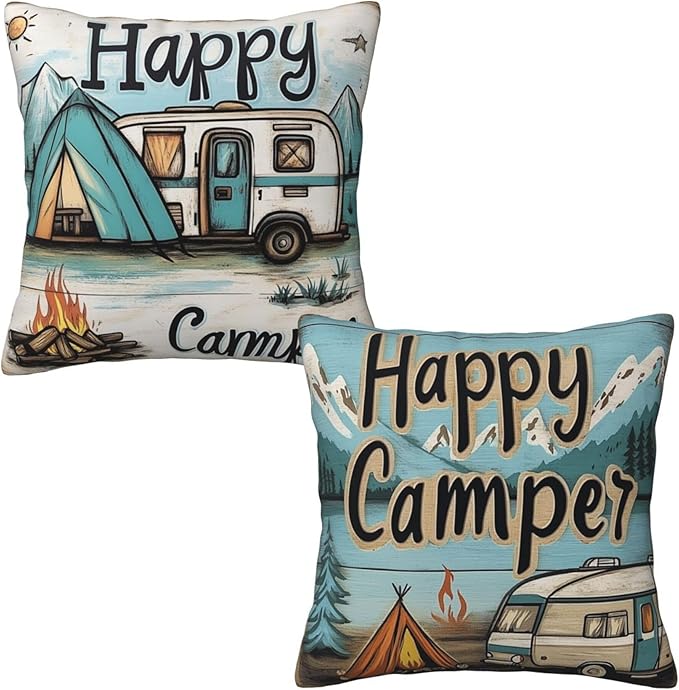 Happy Camping Throw Pillow Covers 18x18 inch Set of 2 Pillow Case Cushion Cover for Home Sofa Couch Living Room Car Decor