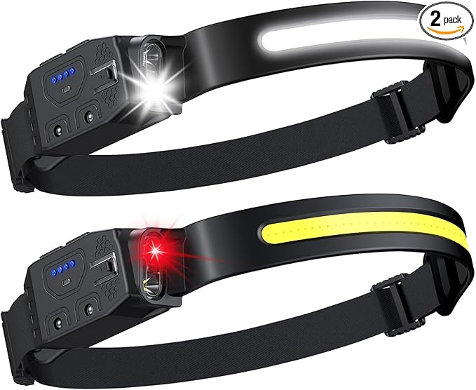 LHKNL Rechargeable Headlamp 2Pcs- 230° Wide Beam Led Head Lamp with White Red Light, Long Lasting Hard Hat Light, Motion Sensor, 6 Mode Headlight Flashlight for Adults Camping,Hiking,Running