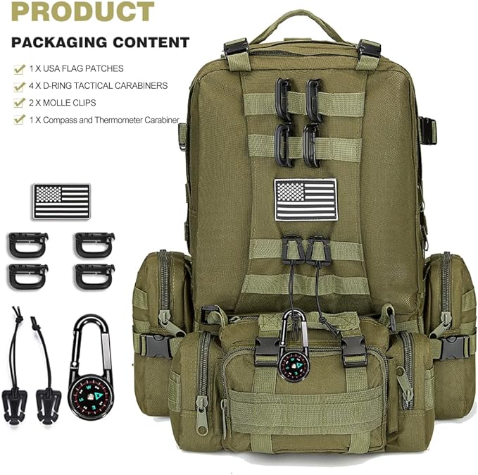 Large Military Tactical Backpack for Men, 40-50L Backpacks for Women, Bug out Bag Army 3 Days Pack Bags Rucksack with Molle System Green