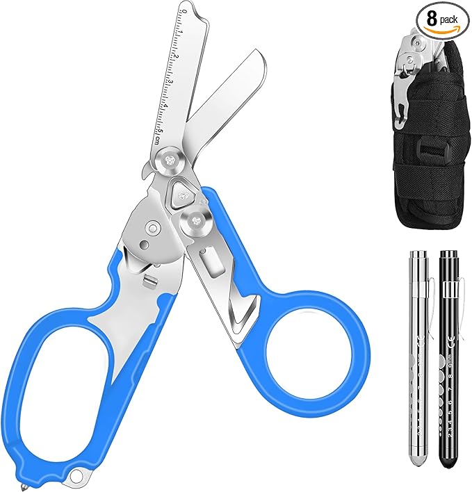 6 In1 Multifunction Emergency Response Shears, Stainless Steel Foldable Trauma Shears with Strap Cutter and Glass Breaker,Medical Scissors with Holster and Penlight Blue