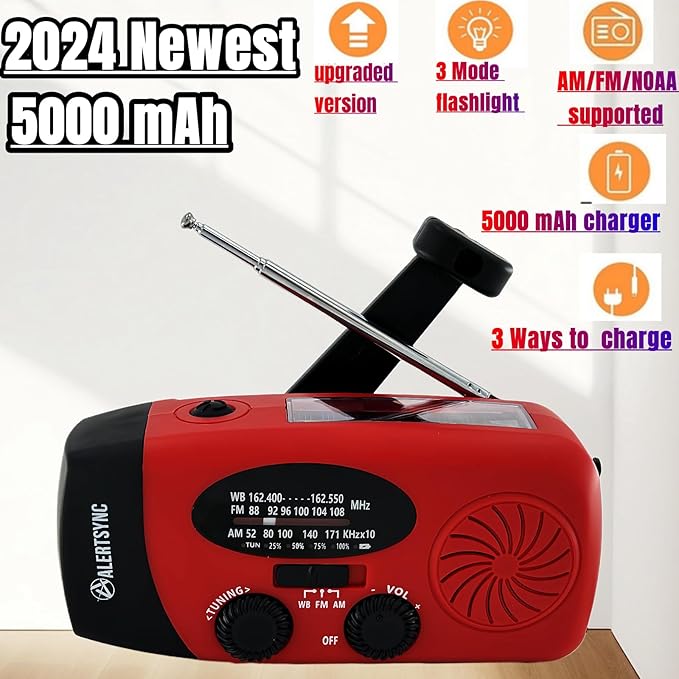 18500mWh/5000mAh Hand Crank Emergency Weather Radio, AM FM NOAA Solar Radio with Led Flashlight and Earphone Jack, Charger for Smartphone, Self Powered Radios with SOS Alarm