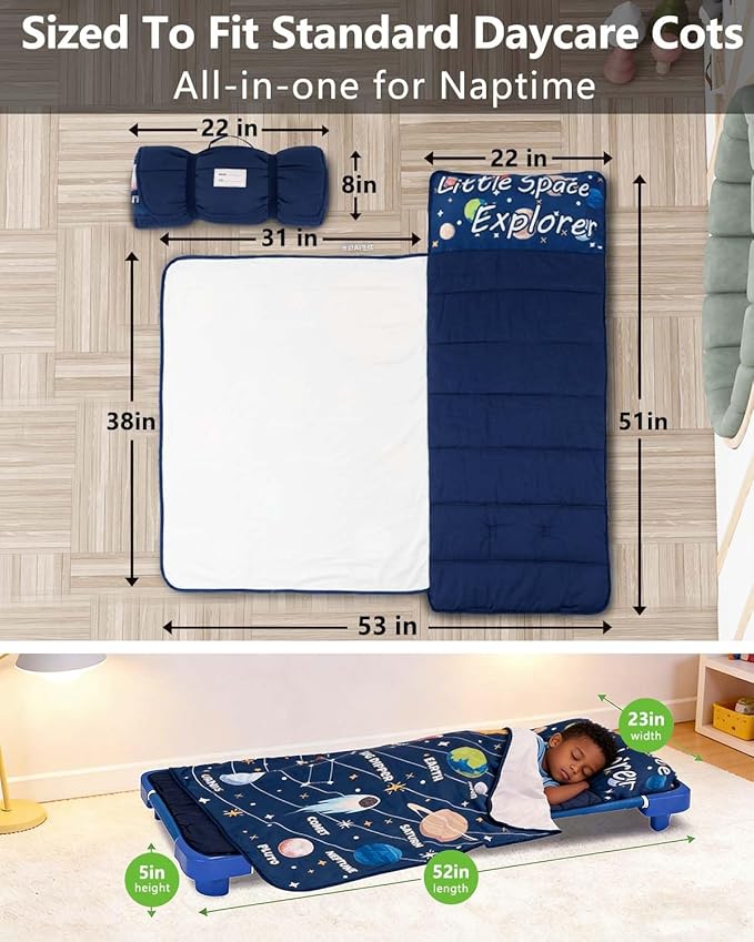 Primlect Lightweight Toddler Nap Mat, Portable Rolled Design Perfect for Daycare Travel, 51”x31 All-in-One Sleeping Bag with Removable Pillow and Fleece Blanket for Boys Girls, Machine Washable