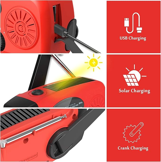 iRonsnow Solar Emergency Hand Crank Weather Radio, Portable Self Powered NOAA AM/FM Radios with SOS Alarm LED Flashlight 2000mAh Smart Phone USB Charger for Camping (Red)