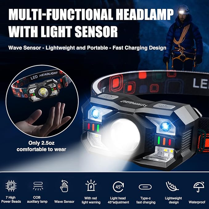 Headlamp Rechargeable, 1200 Lumen Super Bright LED Headlight Motion Sensor, 10 Mode Waterproof Lightweight Headlamp Flashlight with Red Light, for Hiking Running Fishing Cycling Camping