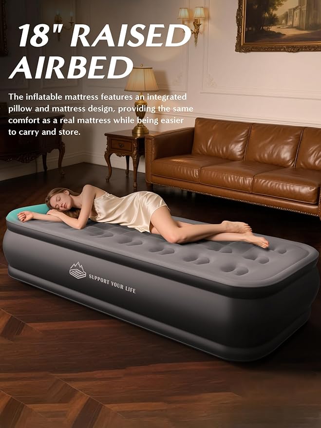 JUITOY Twin Air Mattress with Built in Pump, 18" Upgraded One-Touch Inflatable Airbed for Home, Camping Guests, Portable Blow Up Mattress, 440lbs Capacity