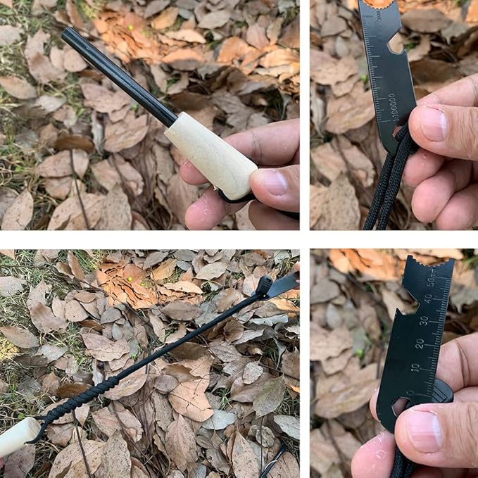 Fire Starter Survival Kit, Larger Ferro Rod with Striker Lanyard 3in Long Flint and Steel, 13.8in Wick Hemp Cord, Multifunctional Bag