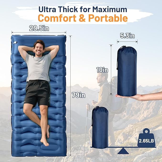 KASBAH Camping Sleeping Pad,Extra Wide 6 inch Thick Inflatable Sleeping Pads with Built-in Foot Pump and Pillow,Ultralight Camping Mat Gear for Outdoor Hiking,Camping
