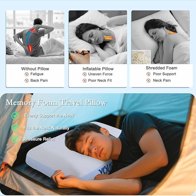 YOUR MOON Small Memory Foam Travel Size Pillow for Sleeping, Pure Cotton Cover, Compressible Camping Pillow for Sleeping, Portable Backpacking Support Pillows for Hiking, Car(White)