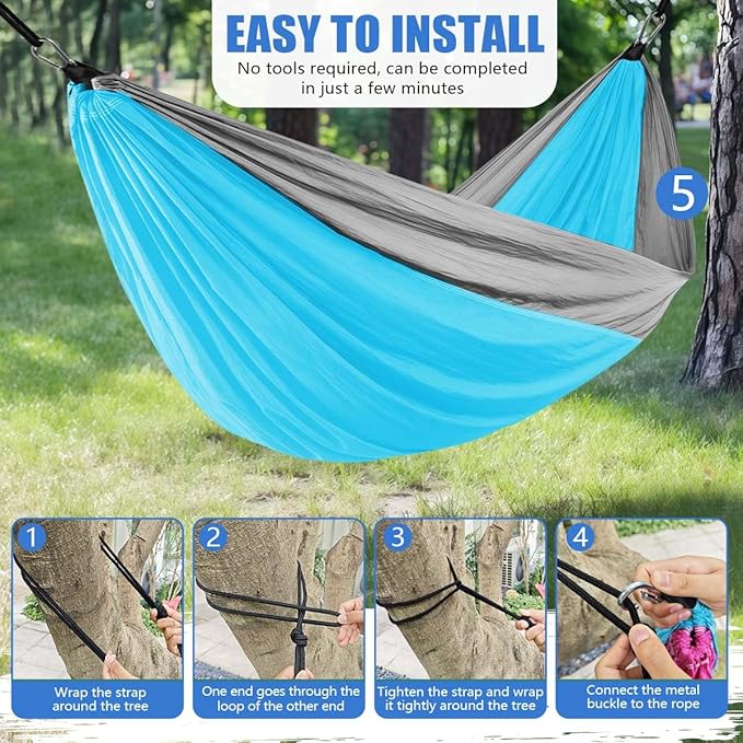 OBTANIM Camping Hammock 500lbs Portable Lightweight Single or Double Hammock with Tree Straps and Carry Bag for Camping Backpacking Hiking Travel Beach Outdoor Indoor (Grey and Blue)