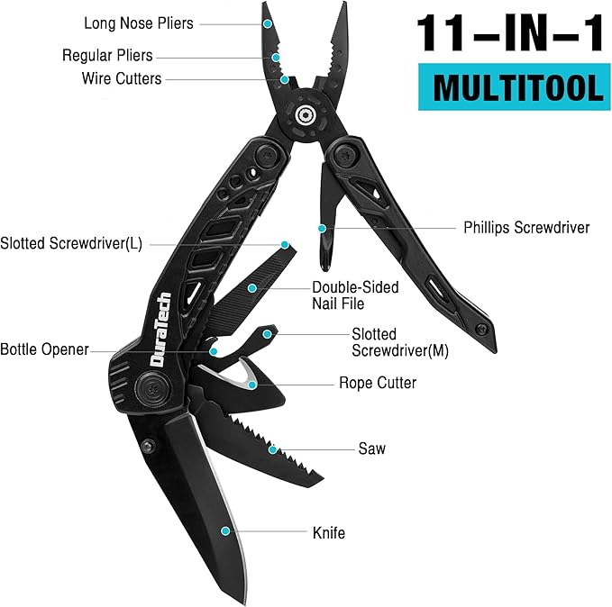 DURATECH 11-in-1 Multitool Knife, Gift for Men, Stainless Steel Multi Tool Pocket Knife with Large Blade, Pliers, Screwdrivers, Saw, EDC Multitool with Oxford Sheath for Outdoor, Camping, Survival
