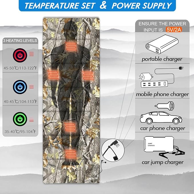 Heated Sleeping Bag pad, 3 Adjustable Temperature Levels, Operated by 5V/2A USB Power Supply(A-Woods, 76" x 24")